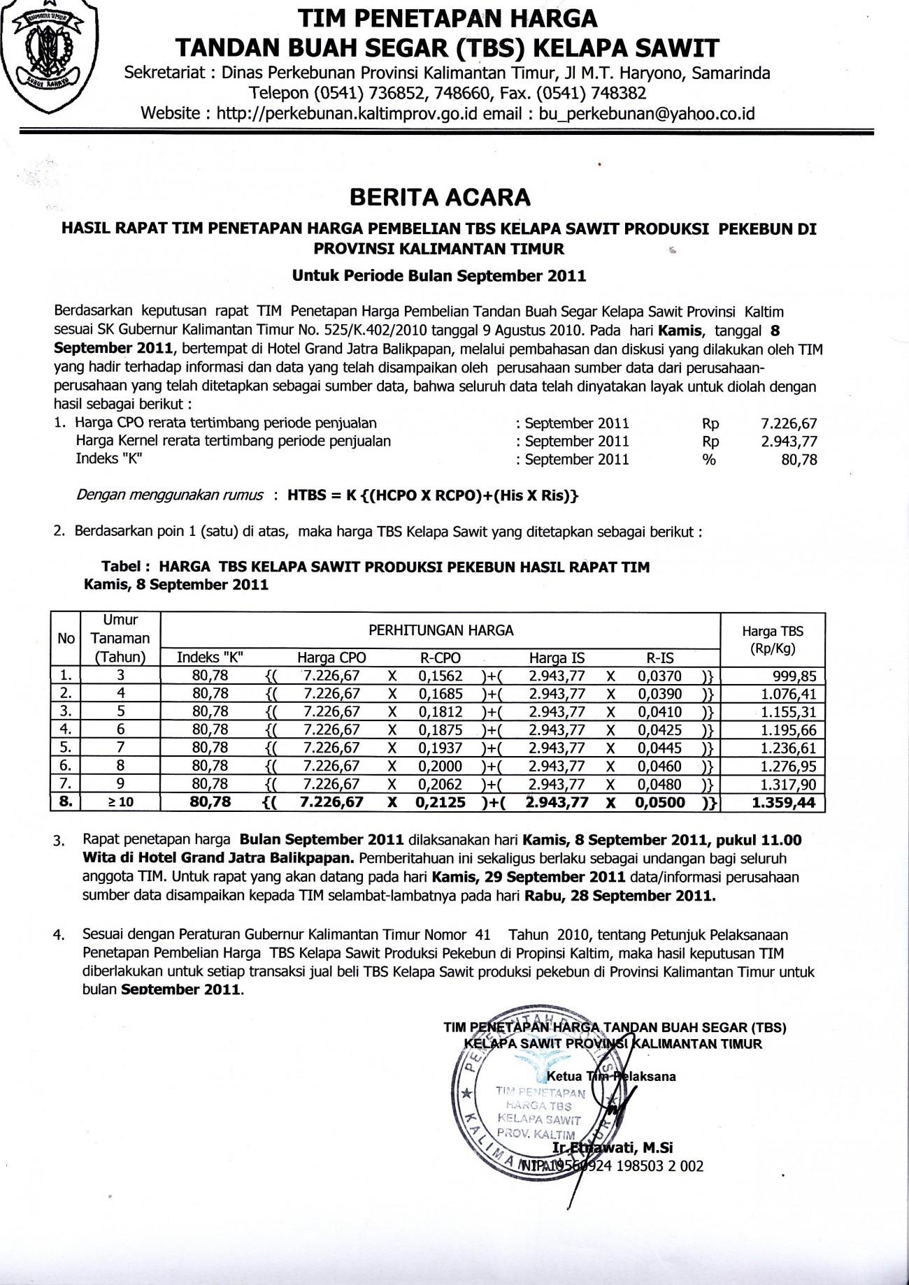 Informasi Harga TBS Kelapa Sawit untuk Bulan September 2011