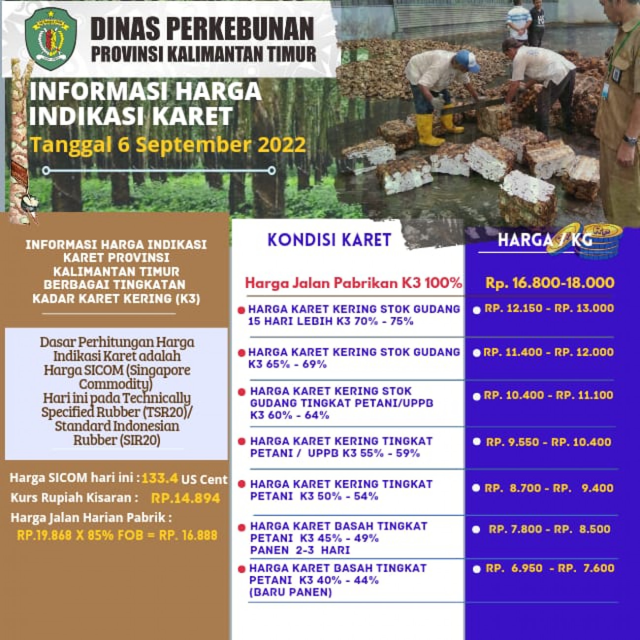 Informasi Harga Indikasi Karet Per 6 September 2022