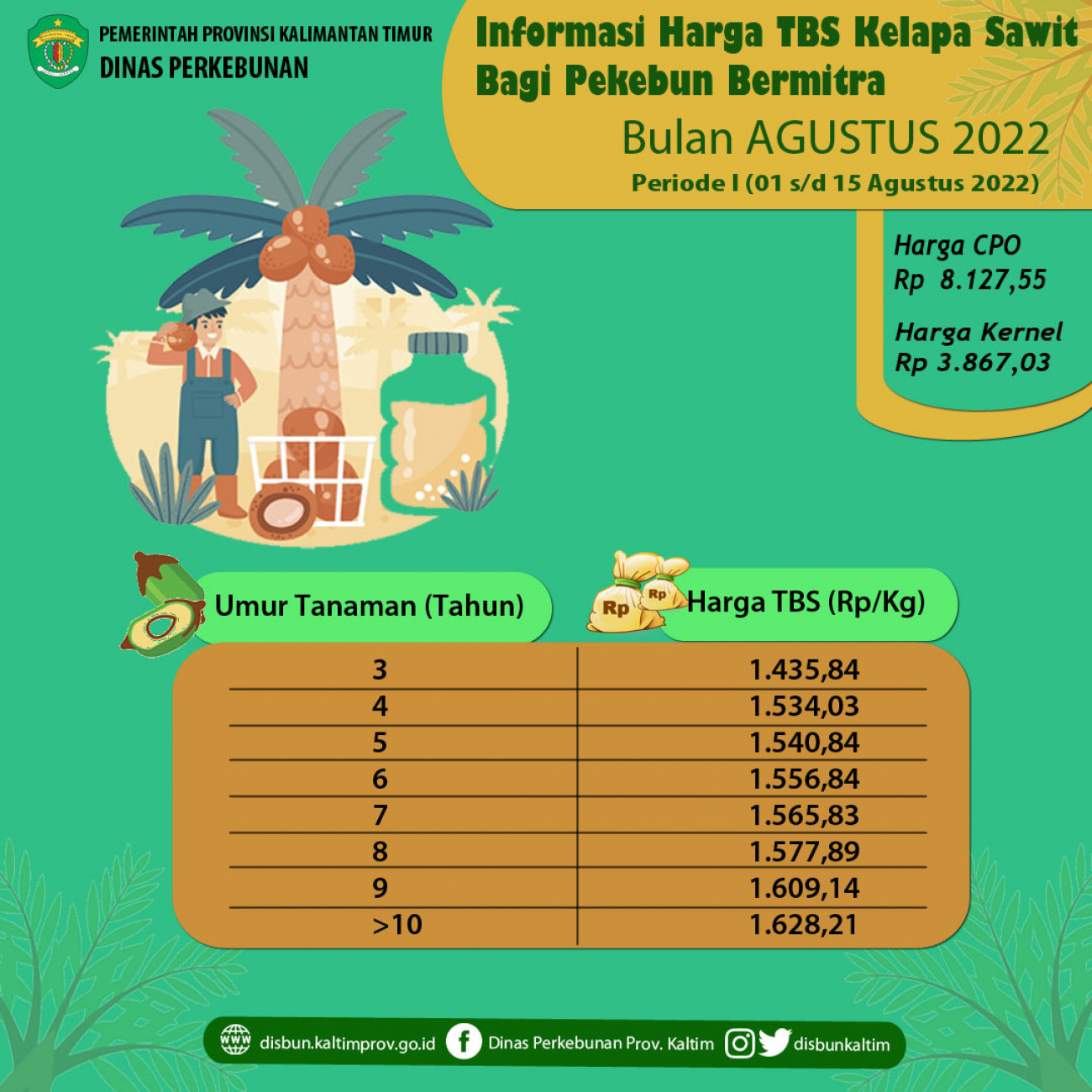 Informasi Harga TBS Kelapa Sawit Bagi Pekebun Bermitra Periode 1 - 15 Agustus 2022