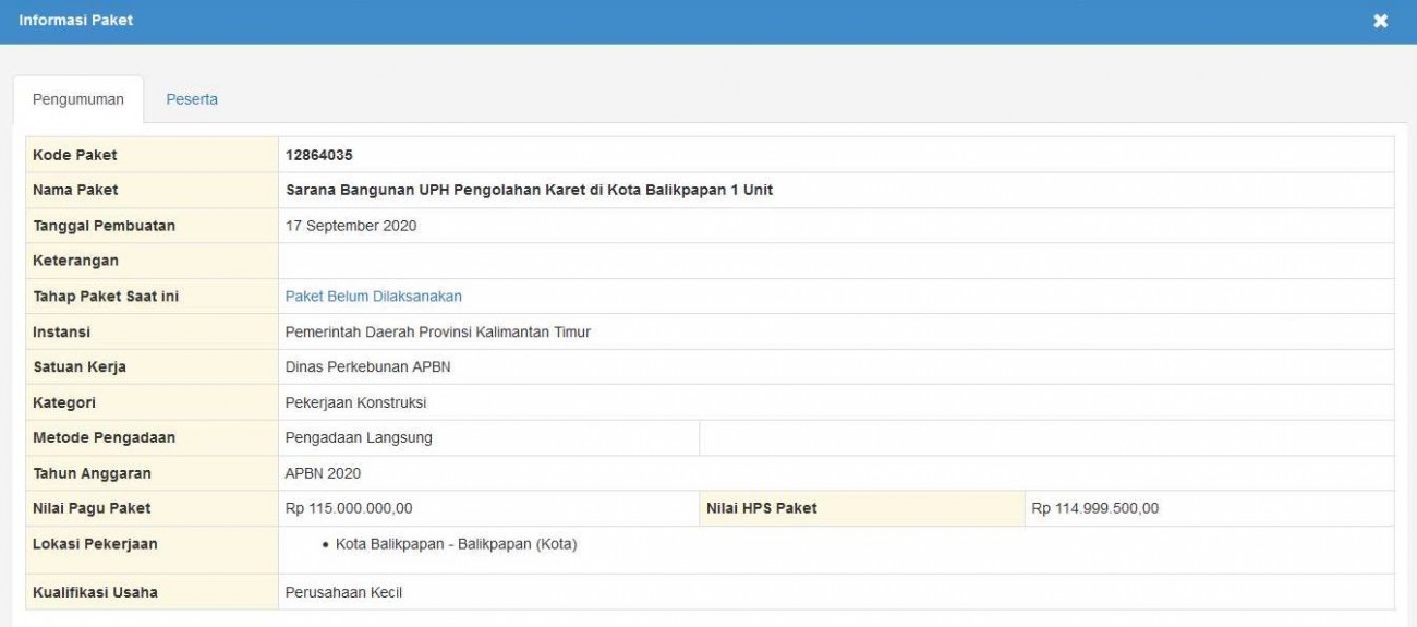 Sarana Bangunan UPH Pengolahan Karet di Kota Balikpapan 1 Unit