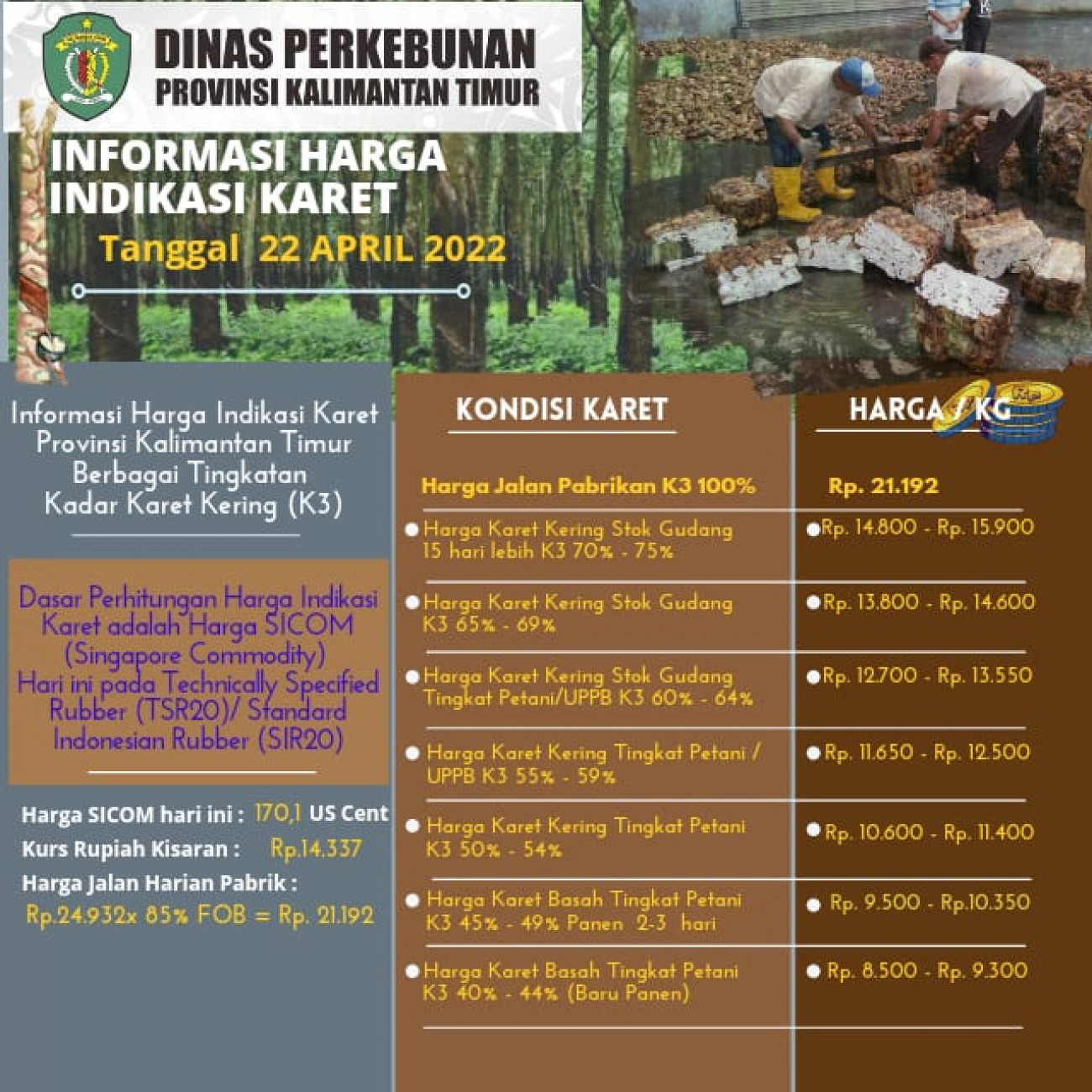 Informasi Harga Indikasi Karet Per 22 April 2022