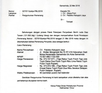 Pengumuman Pemenang Paket Pekerjaan Penyediaan Benih Lada Siap Tanam (121.500 batang)/ (Lelang Ulang)